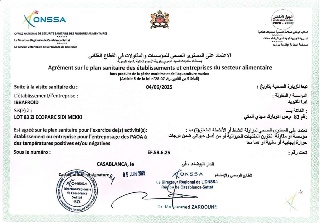 Certificat Agrément ONSSA - Produits d'origine animale