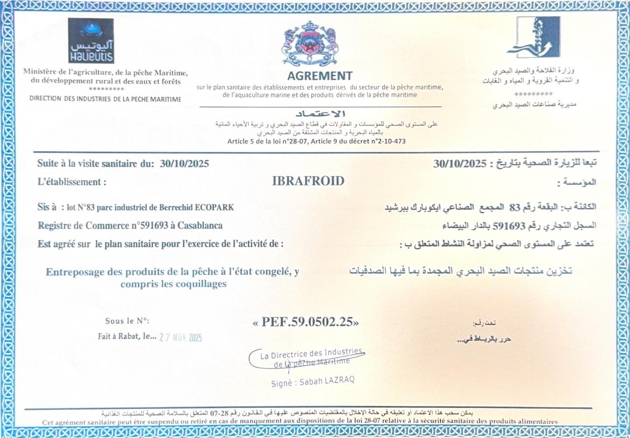 Certificat Agrément ONSSA - Produits de la pêche