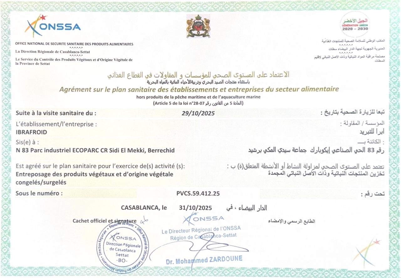 Certificat Agrément ONSSA - Produits d'origine végétale